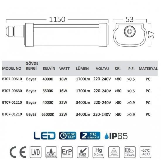 LEDLİ ETANJ ARMATÜR 32W BEYAZ 115CM IP65