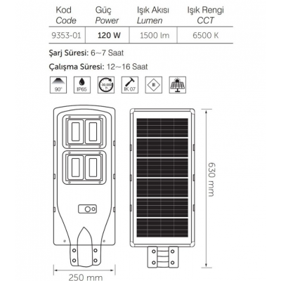 SOLAR LEDLİ SOKAK ARMT. 120 W 1500LM. 6500K